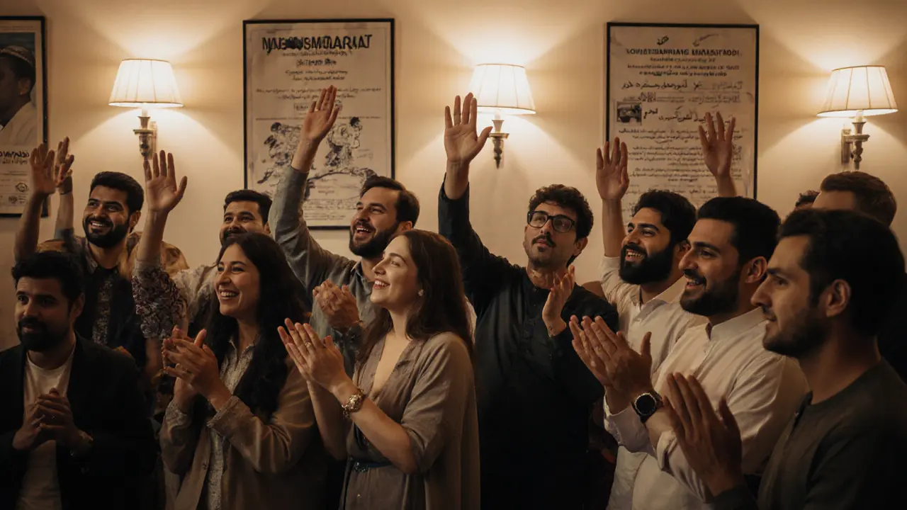 A diverse group attending a poetry reading at a cultural center in Abu Dhabi.