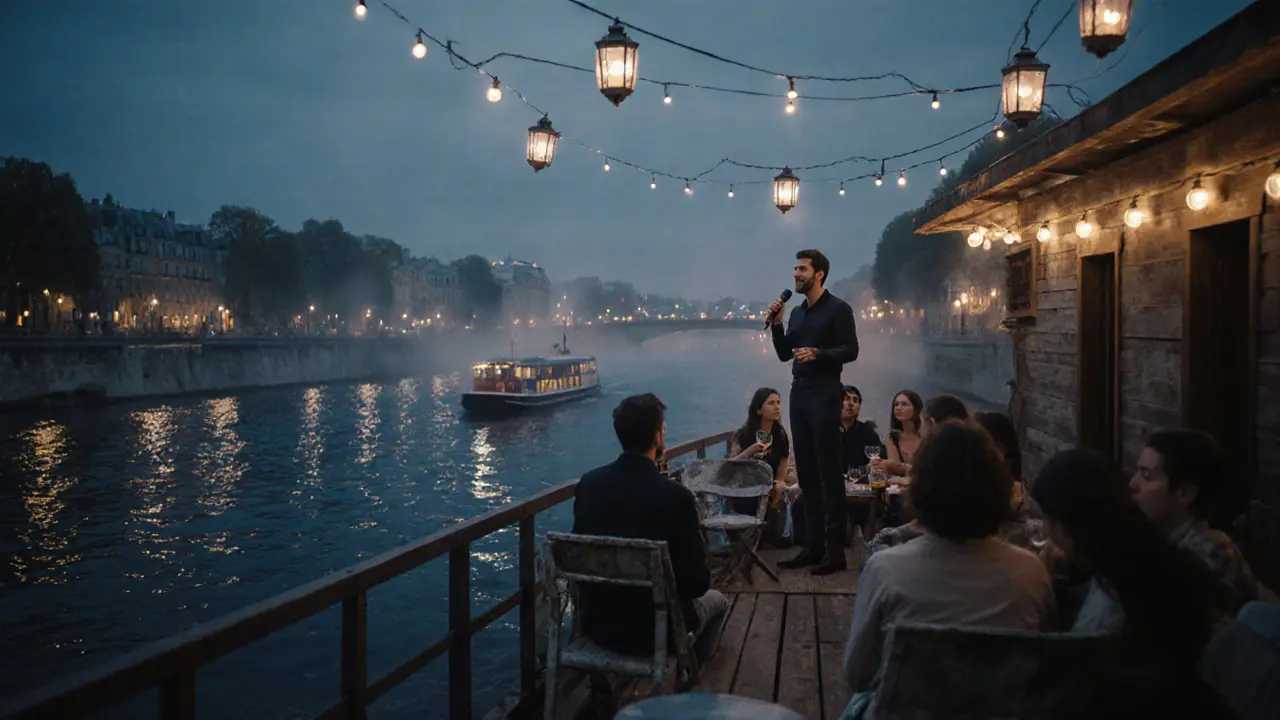 A floating comedy venue on the Seine at night, with performers and guests lit by lanterns against city reflections.