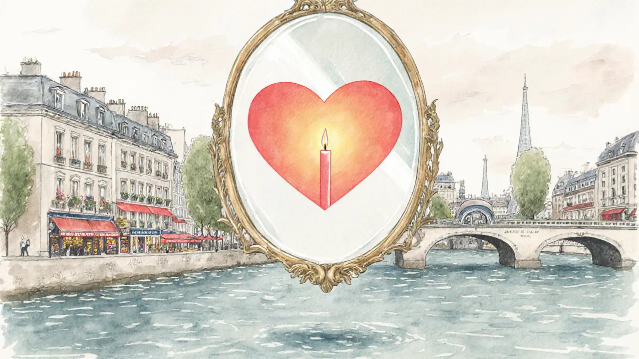 A floating mirror reflects a glowing heart and candle above Paris landmarks.