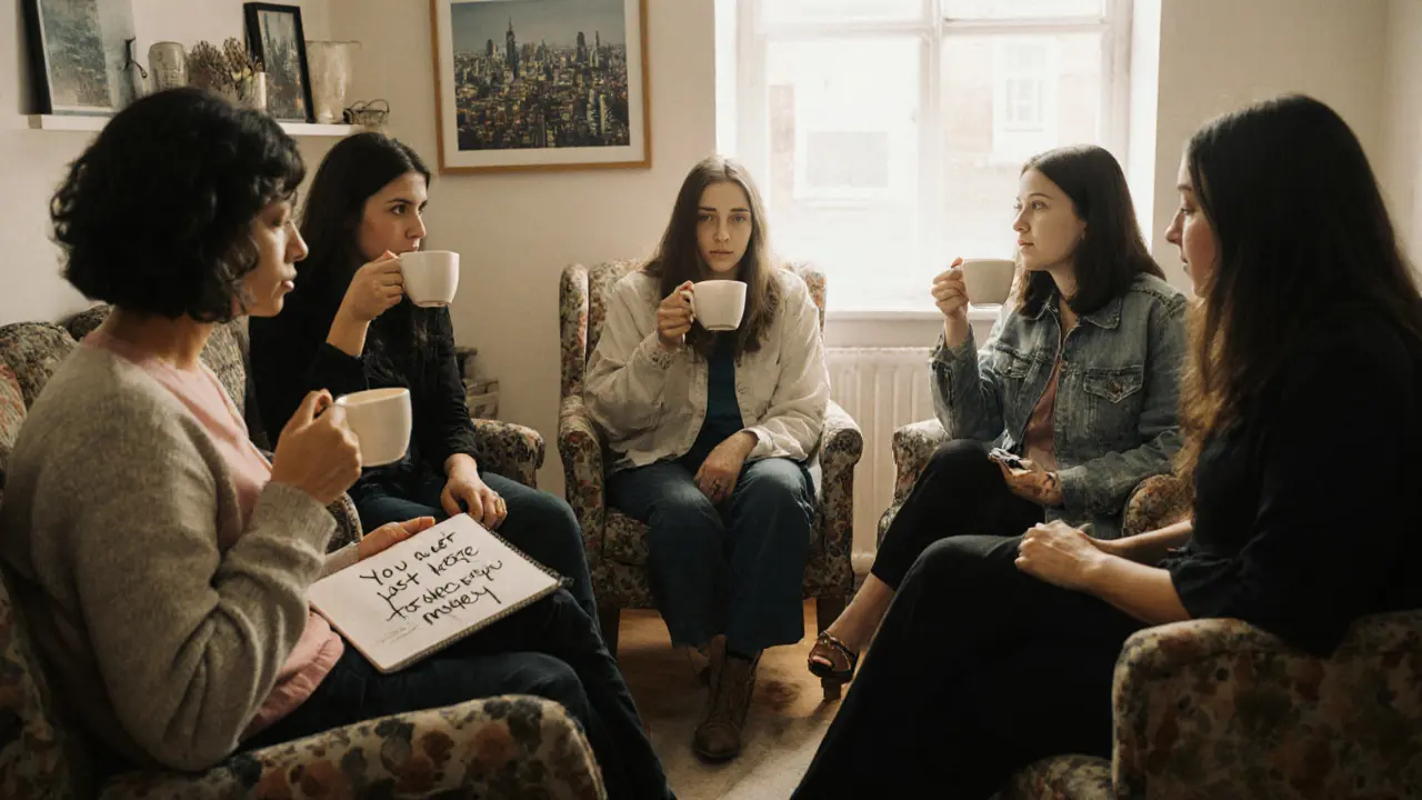 A group of companions sitting in silent solidarity over tea in a cozy East London living room.