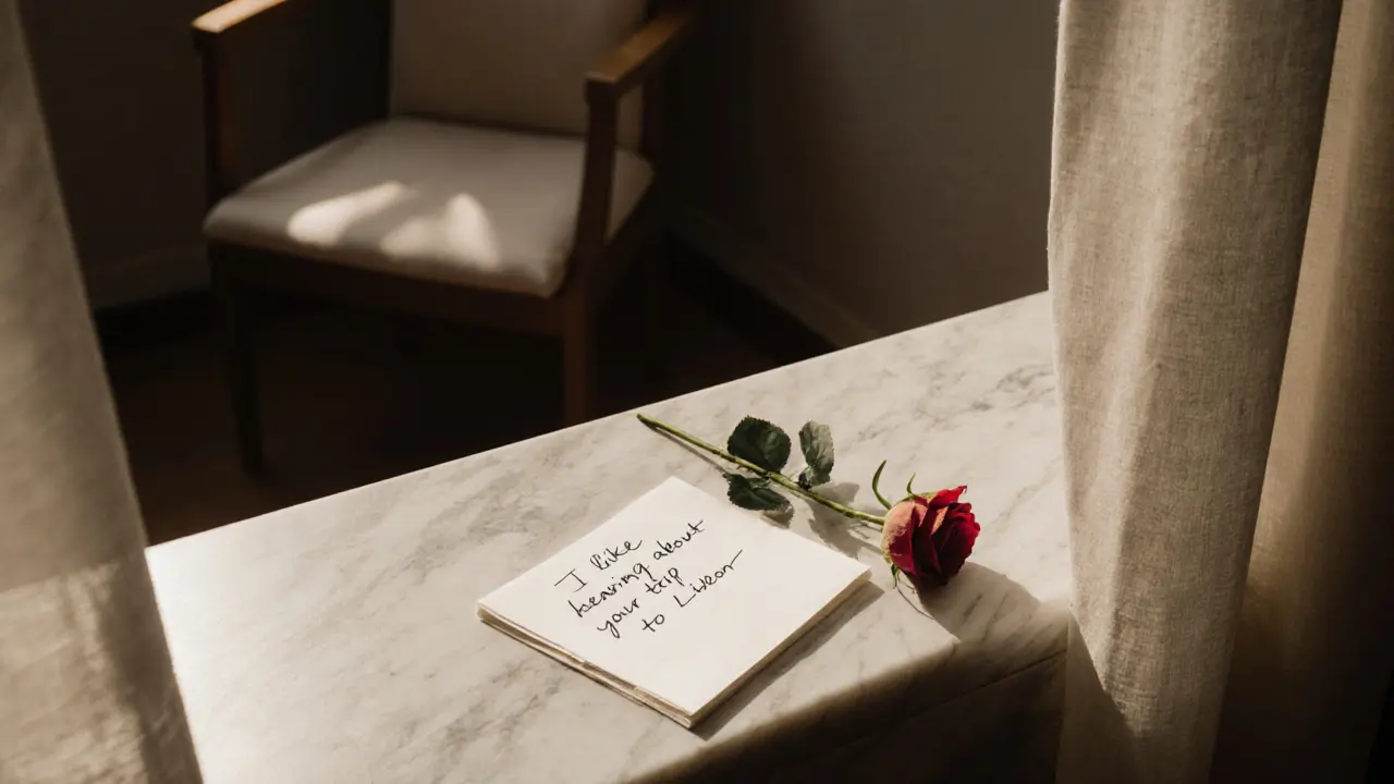 A handwritten note and single rose left on a windowsill, symbolizing thoughtful connection.