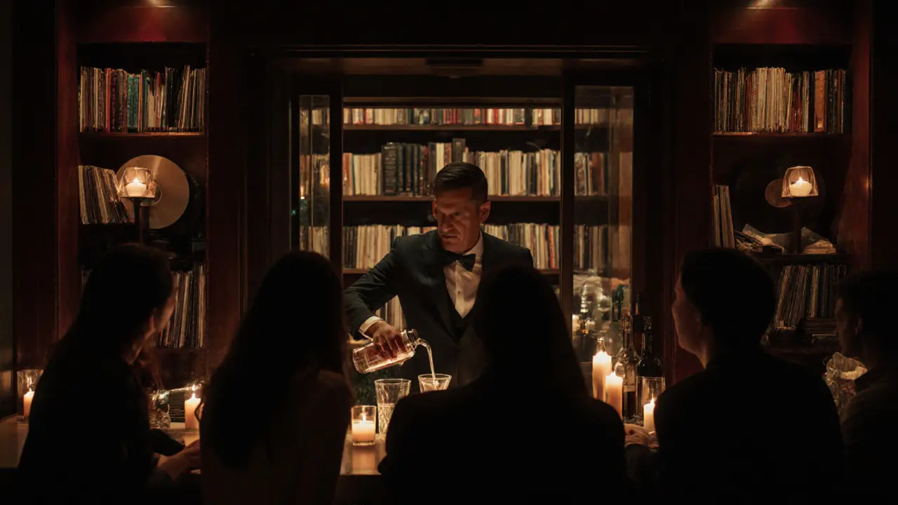 A hidden bar behind a bookshelf, lit by candles, with vintage books and a bartender serving drinks.