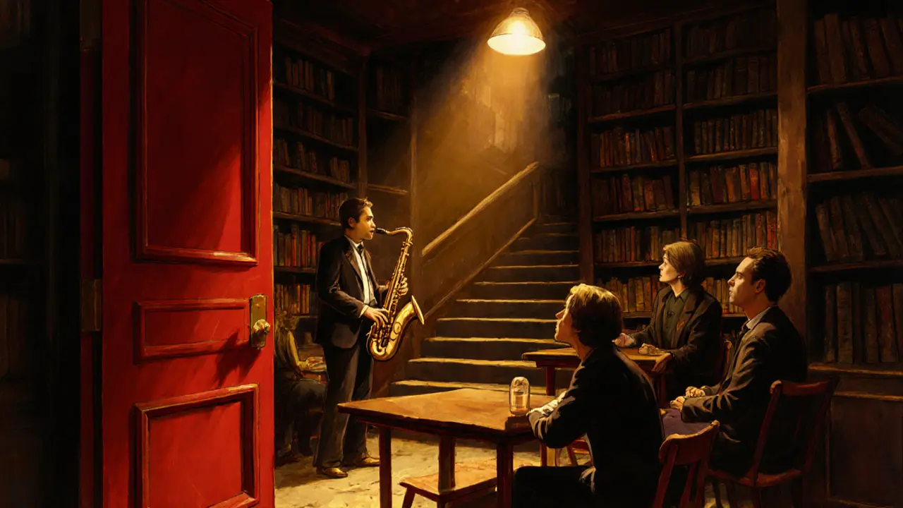 A hidden jazz club beneath a bookshop in Montmartre, with a saxophonist playing under a spotlight and shelves of old books surrounding the intimate space.