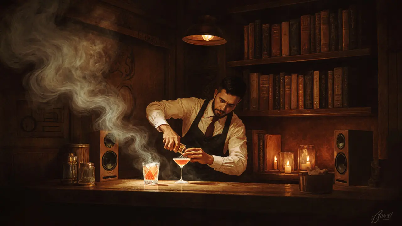A hidden speakeasy with warm candlelight, vintage books, and a bartender mixing drinks.