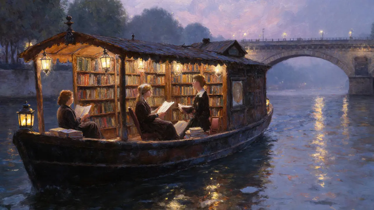 A literary-themed boat bar with bookshelves and candlelight, a poet reading aloud under the Pont Neuf.