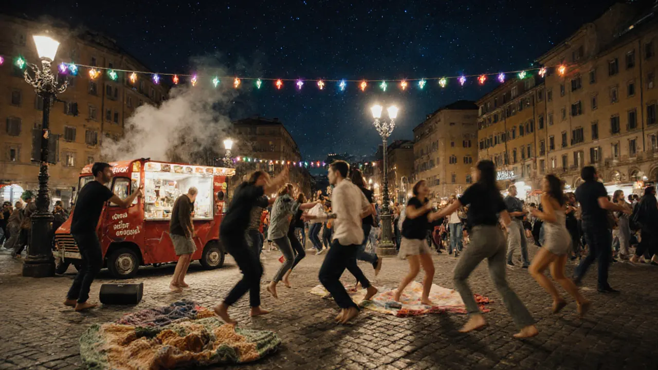 A lively street party at night in Milan&#039;s Piazza XXV Aprile, with people dancing under string lights and food trucks.