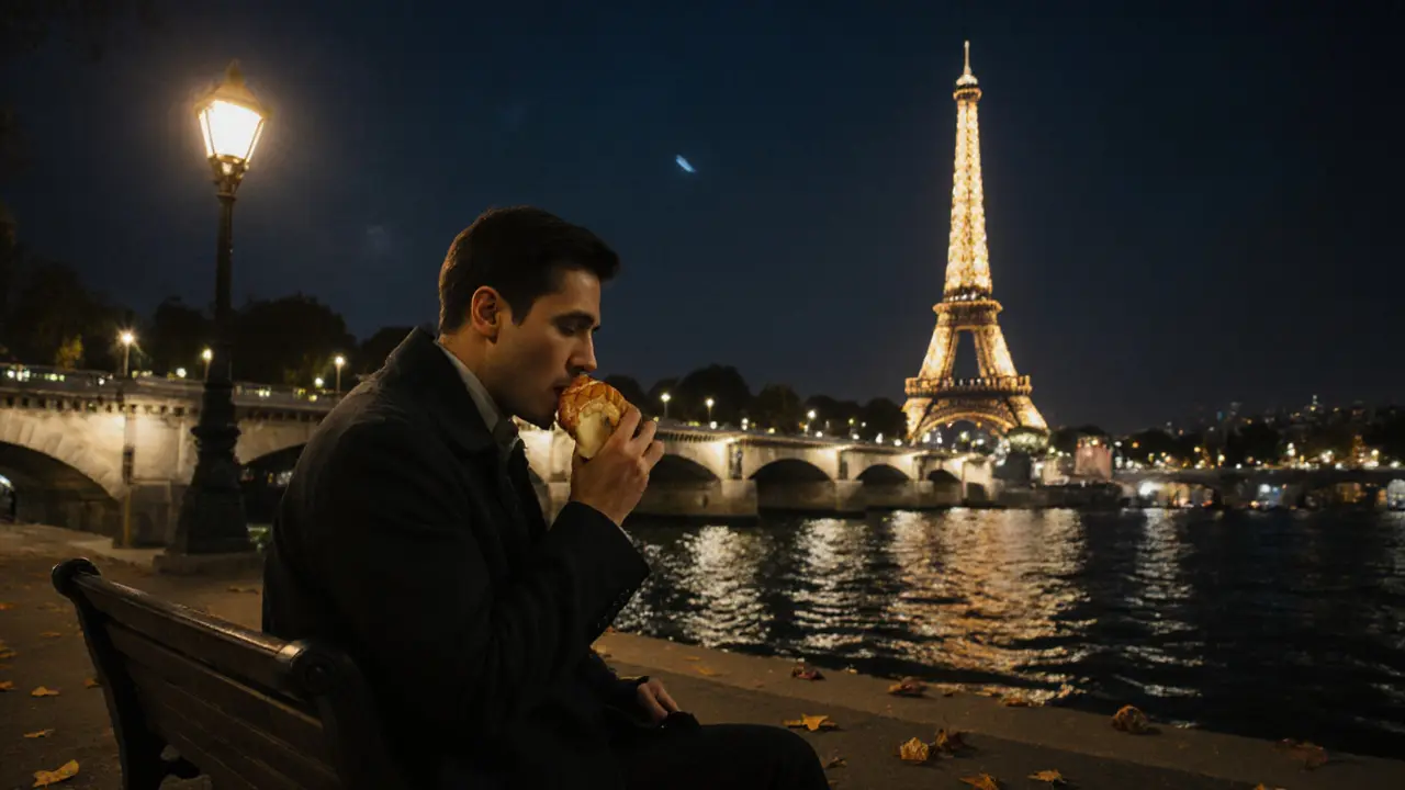 A lone person enjoys a croissant on a Seine bench at midnight, the Eiffel Tower glowing faintly as a violinist plays in the distance.