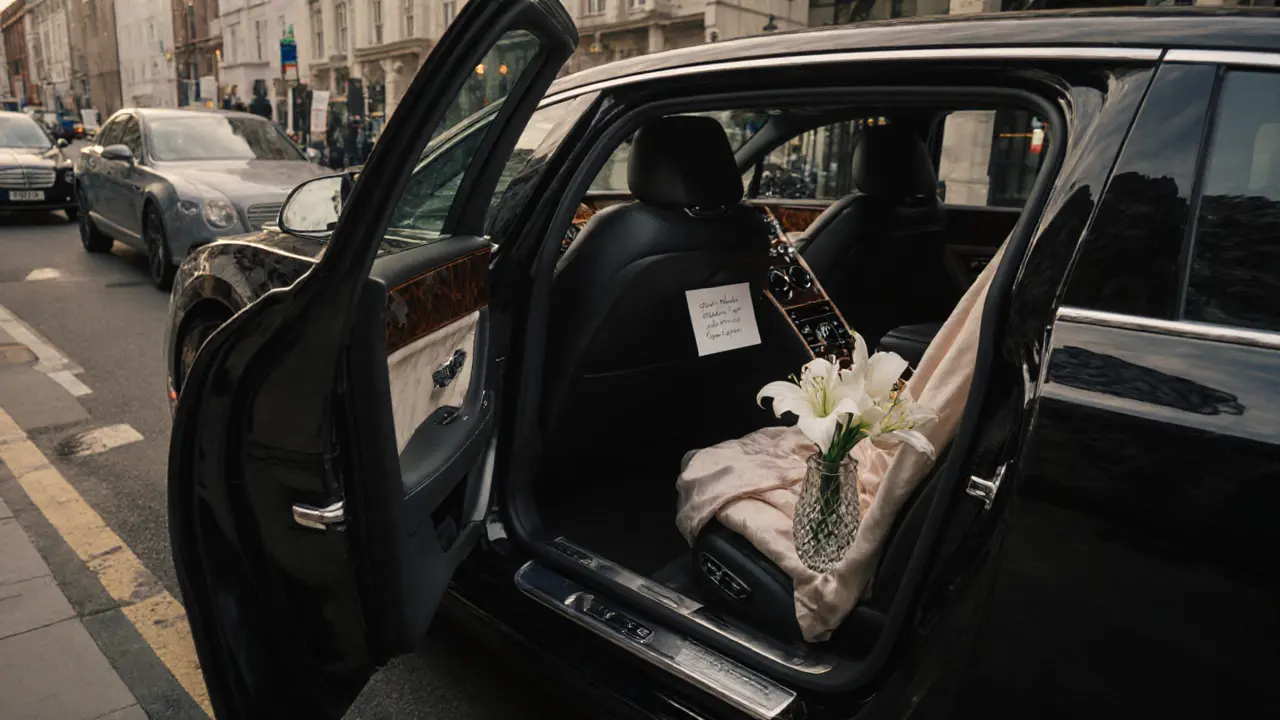 A luxury Bentley with a silk robe and handwritten note on the back seat, parked quietly at dawn in Belgravia.
