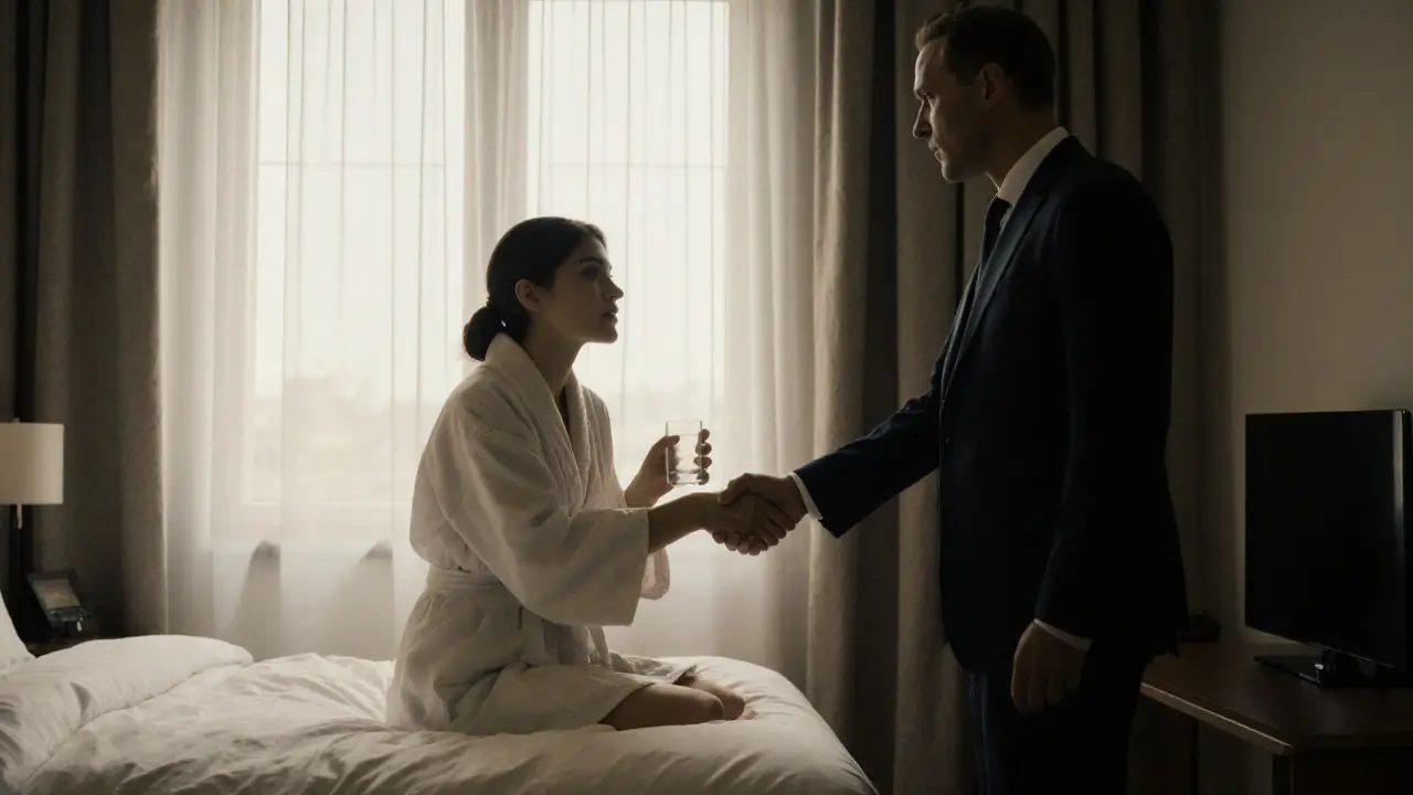 A man and woman shake hands respectfully in a hotel room, conveying trust and clear boundaries.
