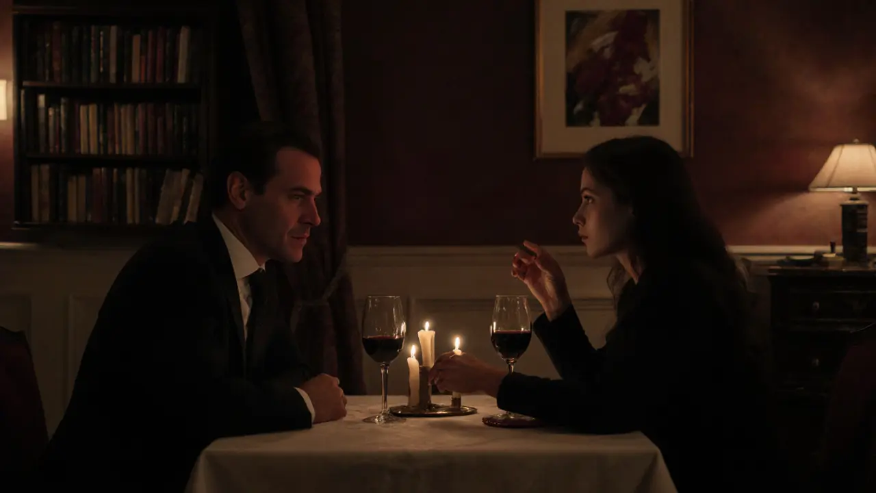 A man and woman share a quiet, respectful conversation over dinner in a softly lit private room.