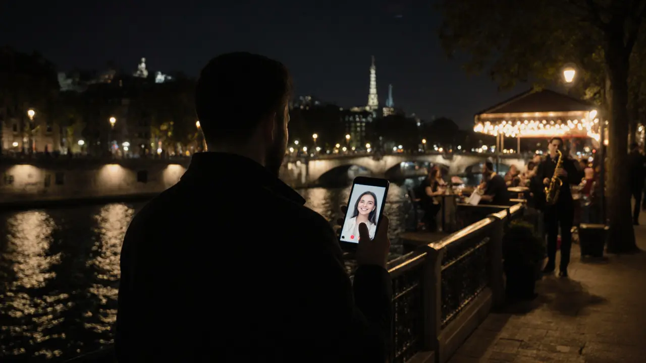 A man walking by the Seine at night, viewing a video call on his phone as the Paris skyline glows behind him.