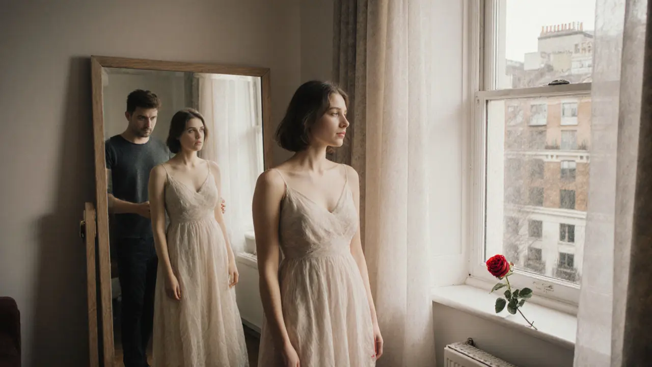 A non-binary person wearing a dress they’ve never worn, standing before a mirror with a supportive companion nearby.