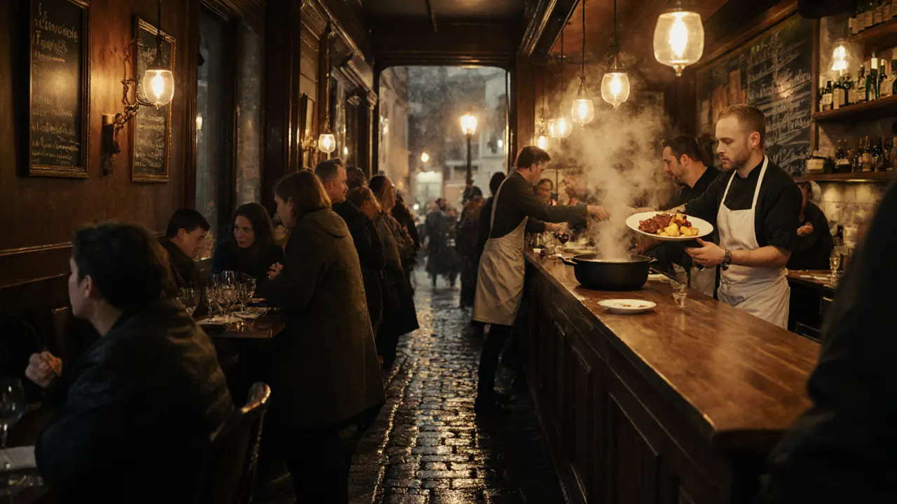 A packed Parisian bistro at night, patrons standing at a counter as a chef serves duck confit under warm pendant lights.