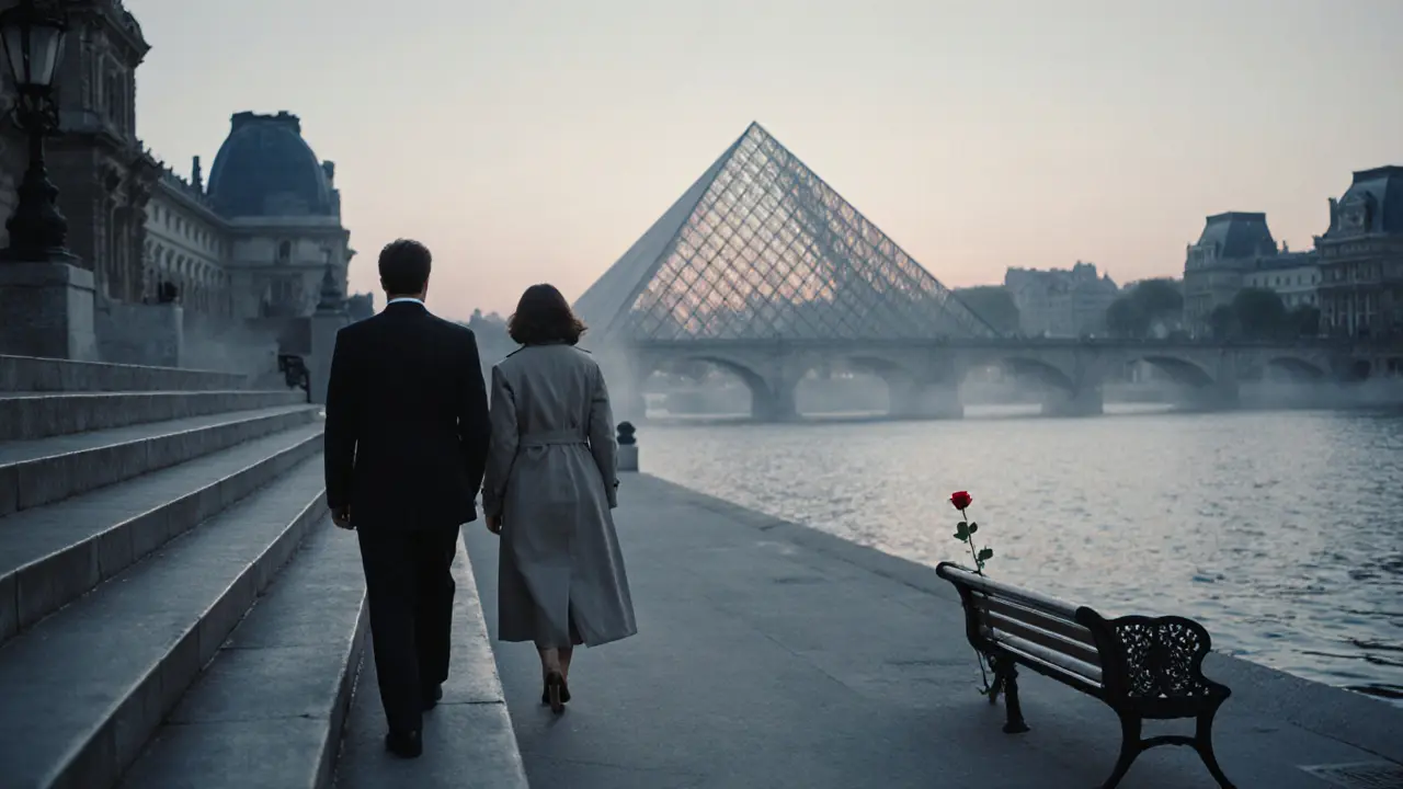 A peaceful morning walk along the Seine at dawn, a rose resting on a bench beside two figures.