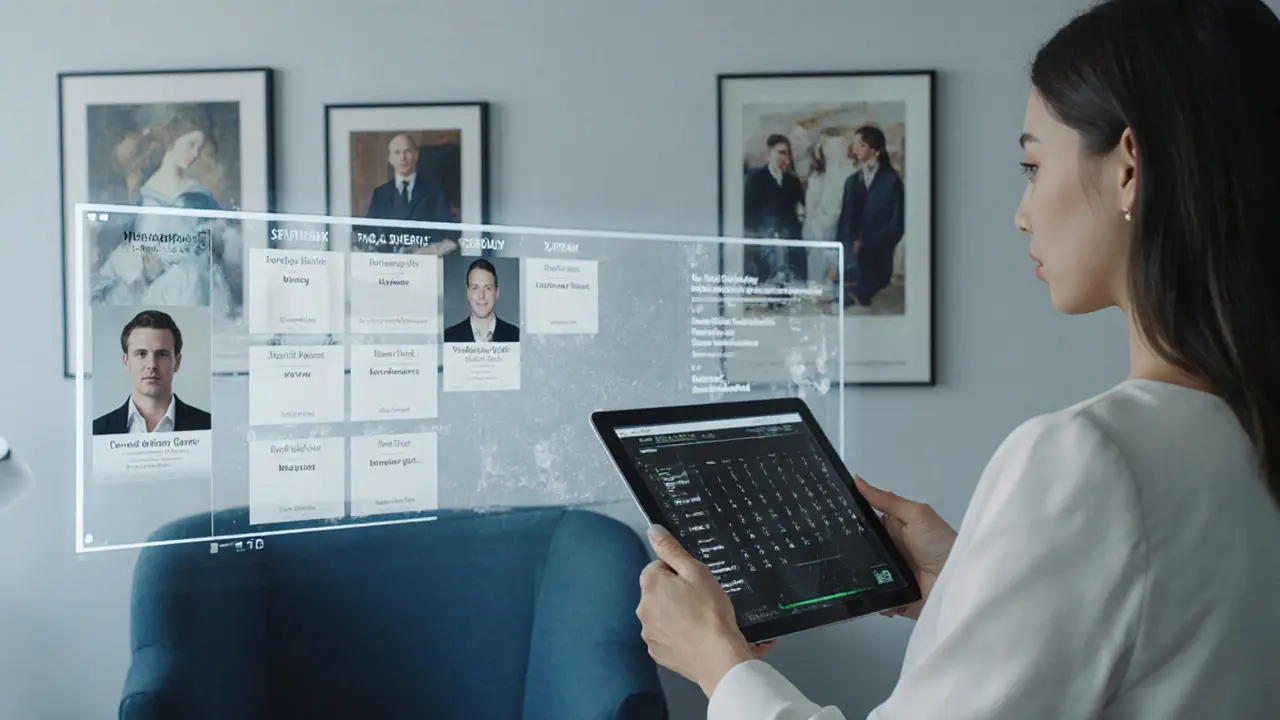 A professional reviews client profiles on a tablet in a minimalist Milanese agency office.