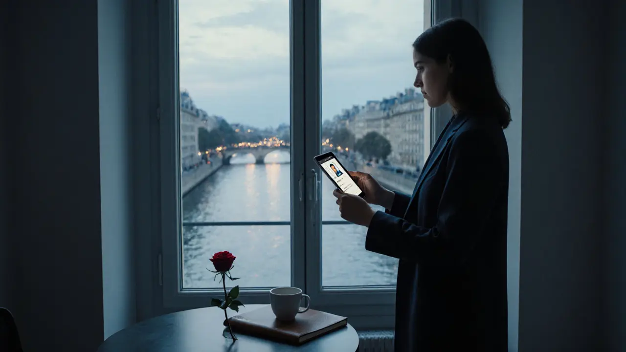 A professional woman in a modern Paris apartment displaying a verified ID on a tablet, with the Seine outside.