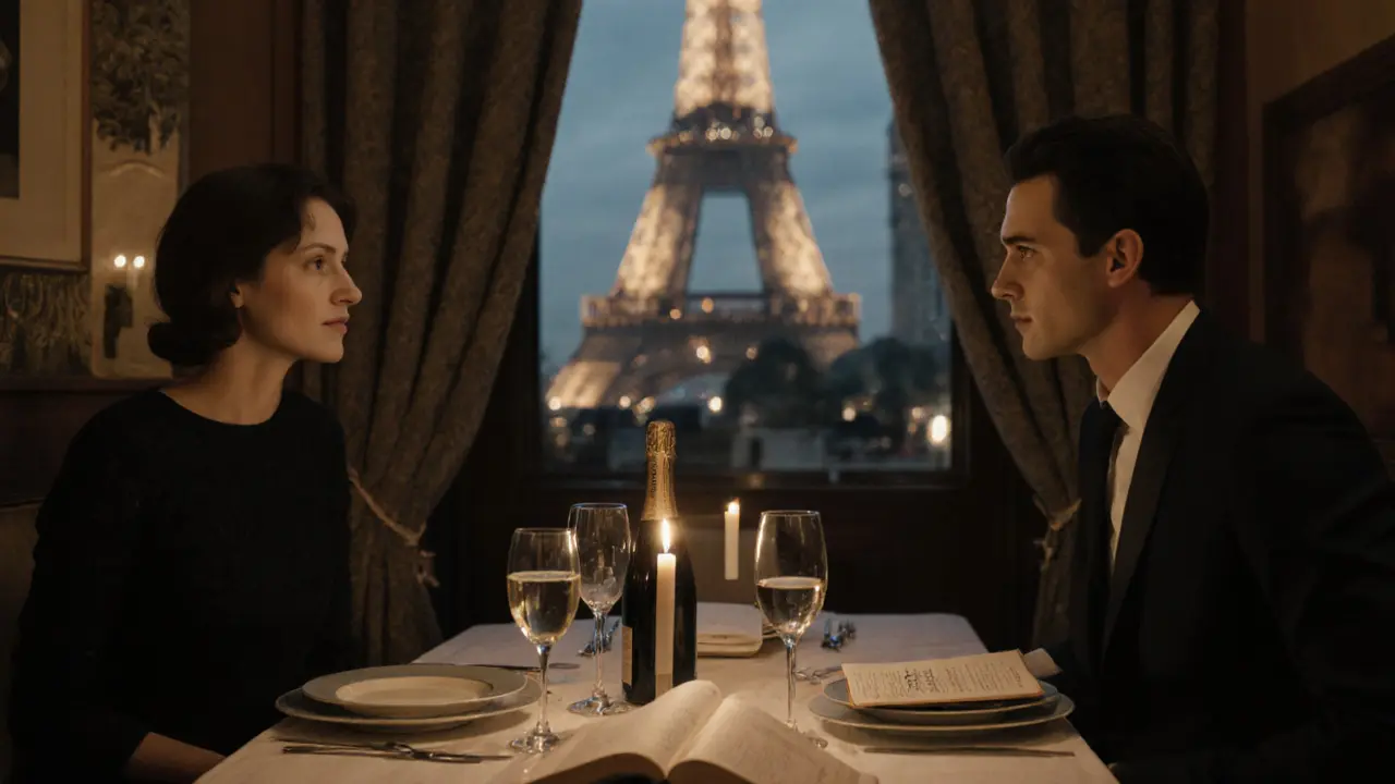 A quiet candlelit dinner in Le Marais with a couple conversing, Eiffel Tower visible in reflection.