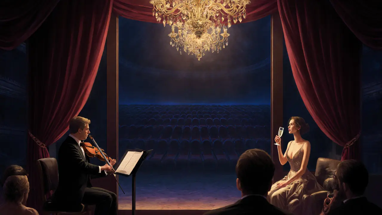 A quiet, intimate lounge behind La Scala opera house, with musicians and guests enjoying Prosecco in dim golden light.