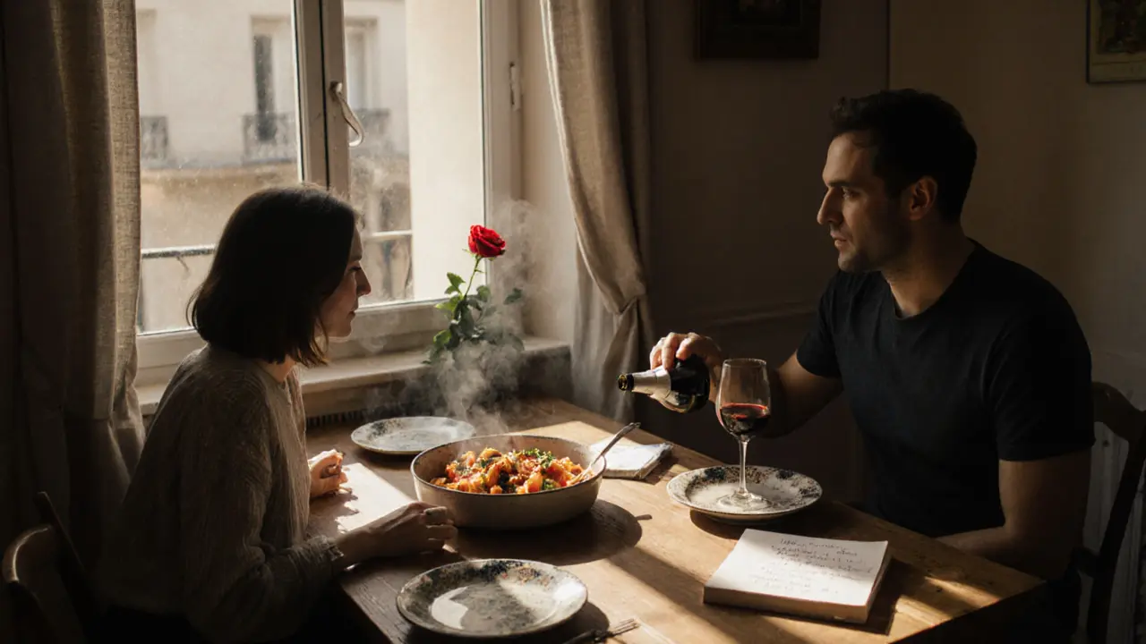 A quiet kitchen meal in Paris, two people sharing food and wine by sunlight, a rose and poetry book on the table.