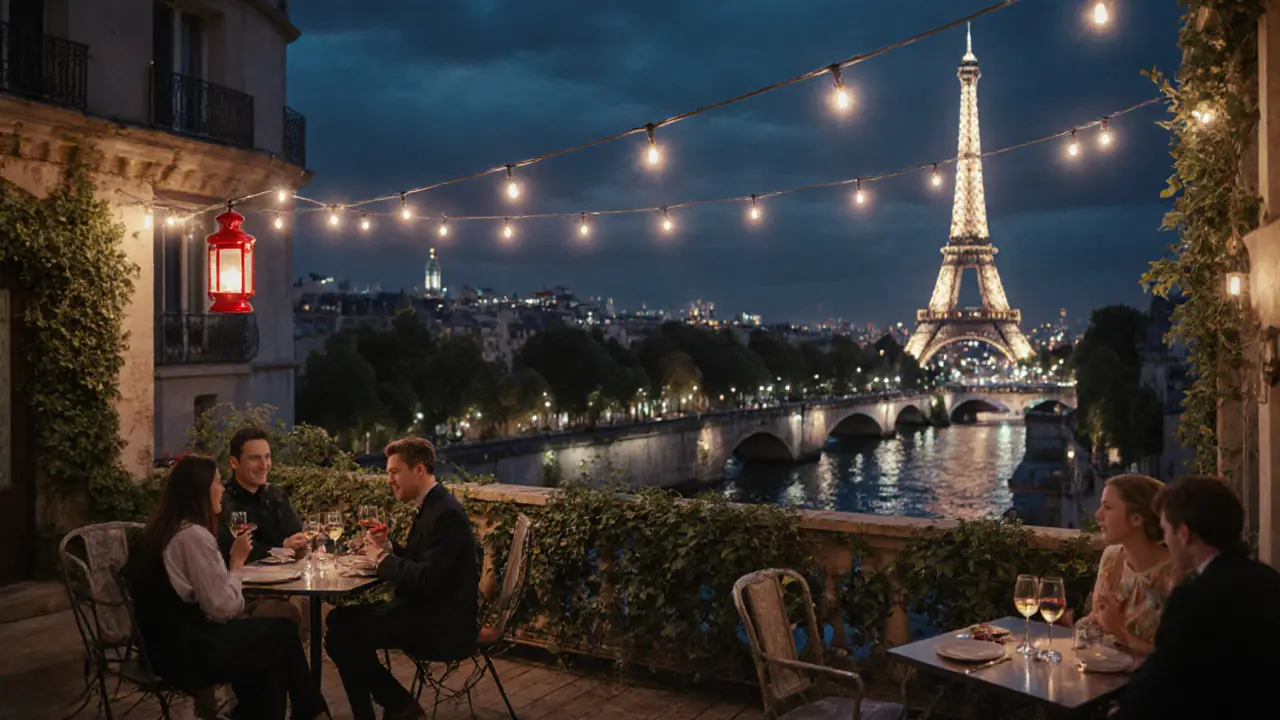 A quiet Paris rooftop at night with the Eiffel Tower glowing in the distance and guests sipping wine.