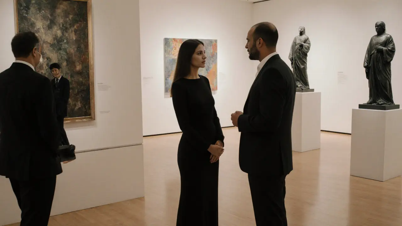 A refined woman conversing with a client in a private art gallery.