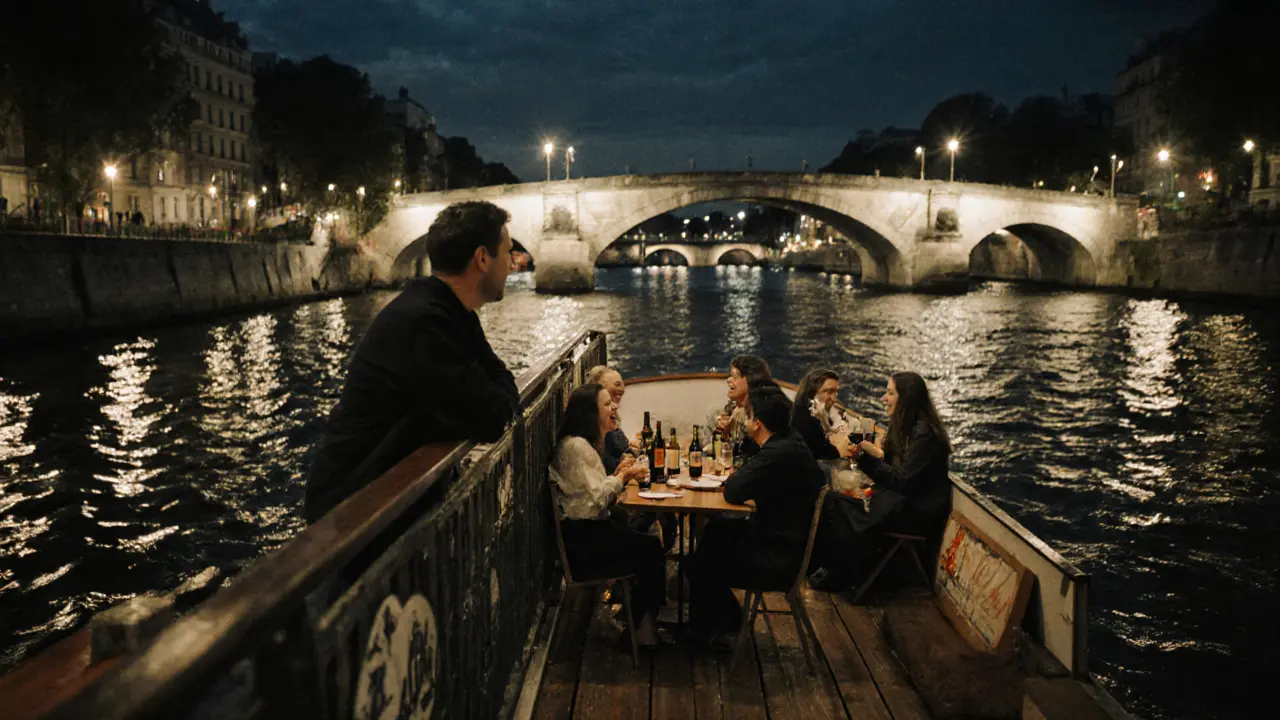 A rustic 1950s barge on the Seine at midnight, locals enjoying wine as the bridge glows in the background.
