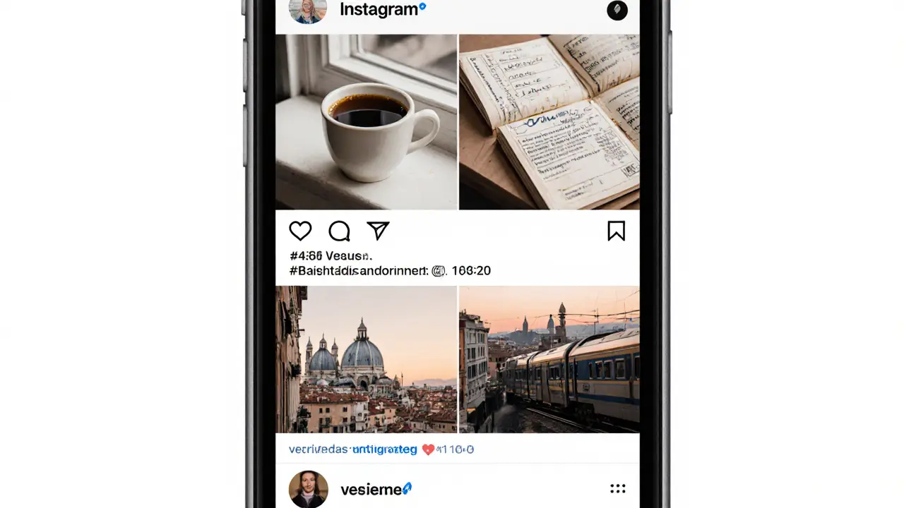 A smartphone displays a private Instagram profile with lifestyle photos — coffee, books, and city views.