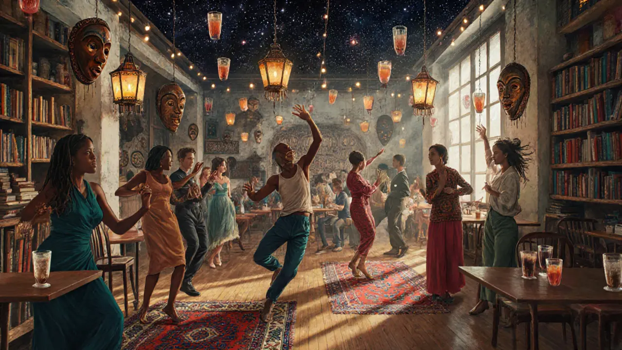 A surreal lounge filled with global art and diverse patrons dancing under hanging lanterns.
