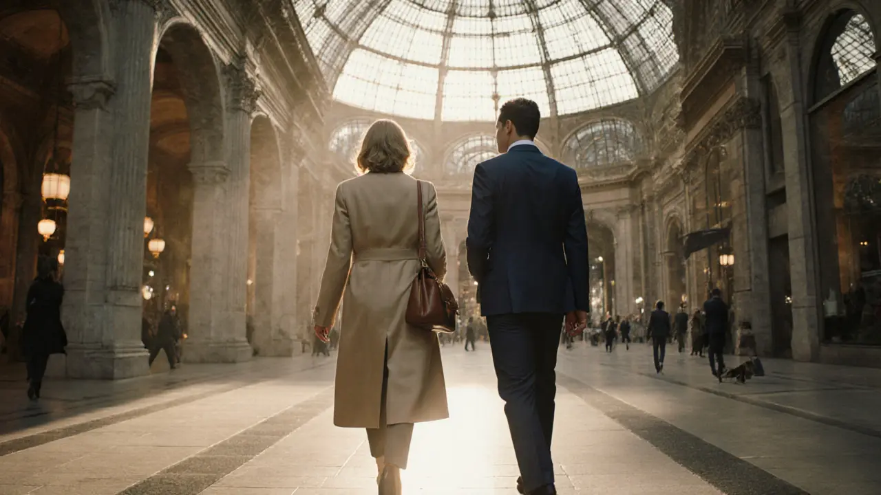 A woman and her companion walk peacefully through the Galleria Vittorio Emanuele II at sunrise.