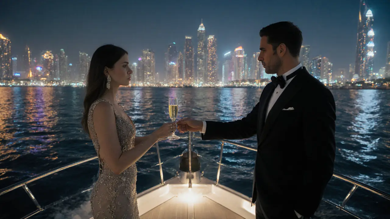 A woman on a luxury yacht at night, gazing at Abu Dhabi&#039;s skyline with a discreet companion nearby.