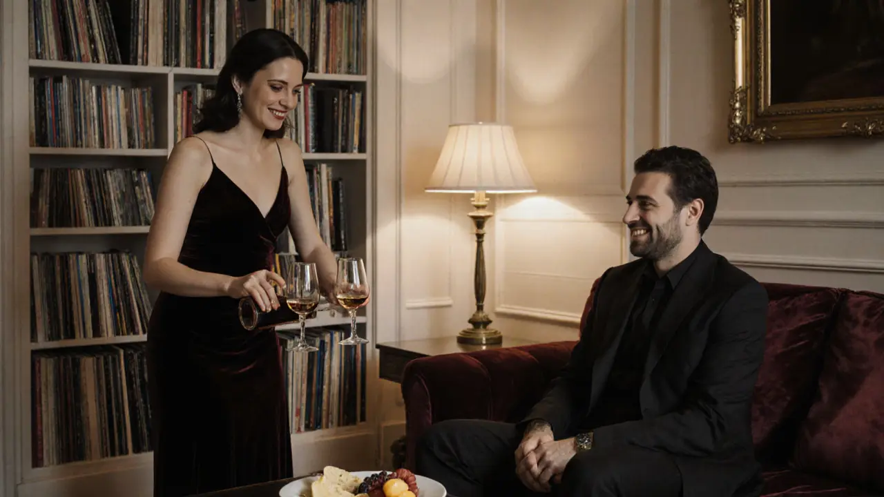 A woman pours wine in a luxurious Paris apartment, a man listens quietly on a velvet sofa.