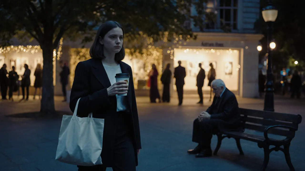 A woman walking through Hyde Park at dusk, with blurred figures of city elites behind her.