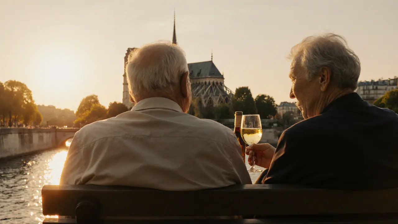 An elderly man and companion sharing wine on a Seine bench at sunset, Notre-Dame glowing in the distance.