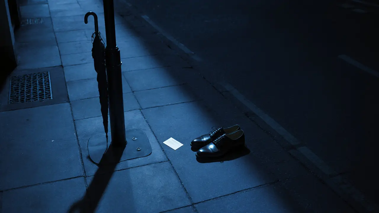 An empty London street at night with an umbrella and business card left near an entrance.