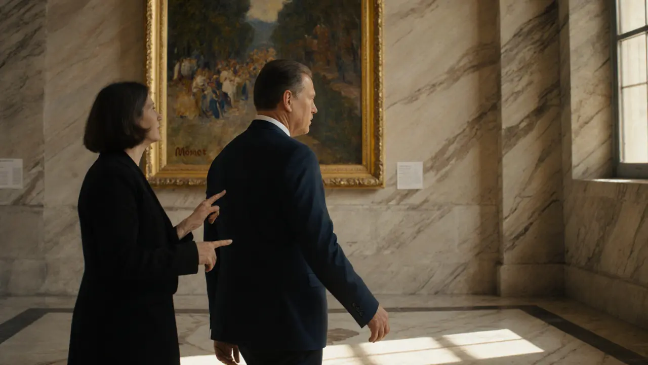 An executive and companion quietly admiring a Monet painting in the Musée d’Orsay, golden sunlight streaming in.