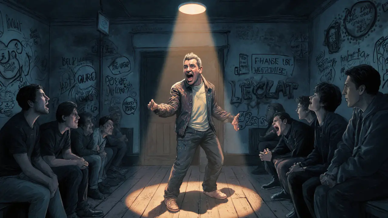 An intimate French comedy show with a performer using bold facial expressions under a spotlight.