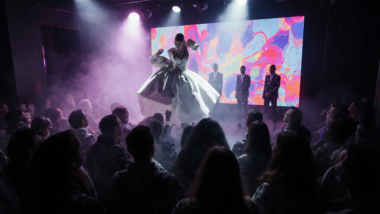 Avant-garde fashion crowd at a theatrical nightclub with a model dancing above them under neon lights.