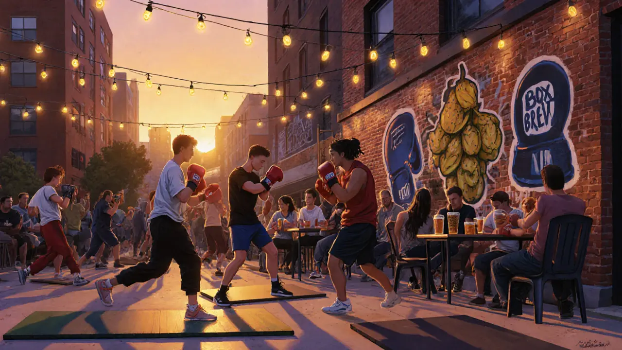 Beginners shadowboxing on mats at a neighborhood venue with craft beers and protein shakes on a terrace under string lights.