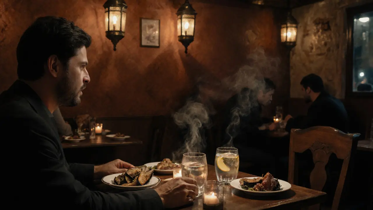 Candlelit meyhane with traditional Turkish meze plates and a glass of rakı on a wooden table, warm ambient lighting.