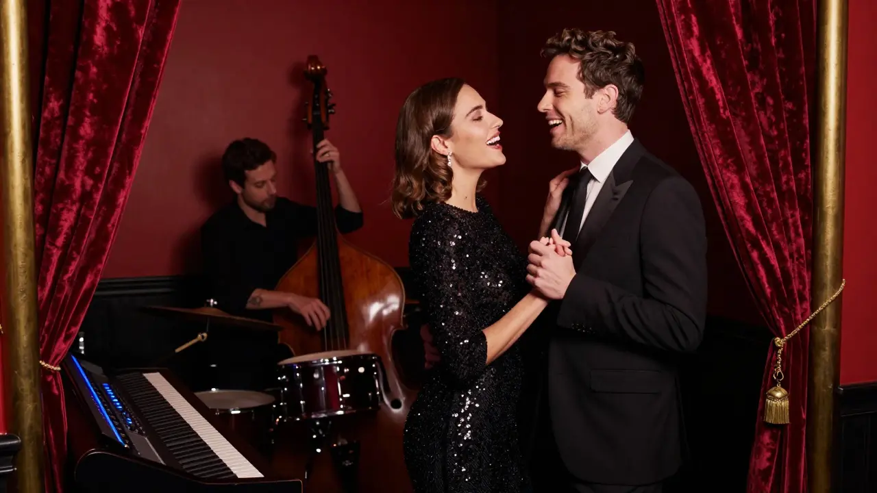 Couple singing duet with live musicians behind them in a luxurious velvet-lined room.
