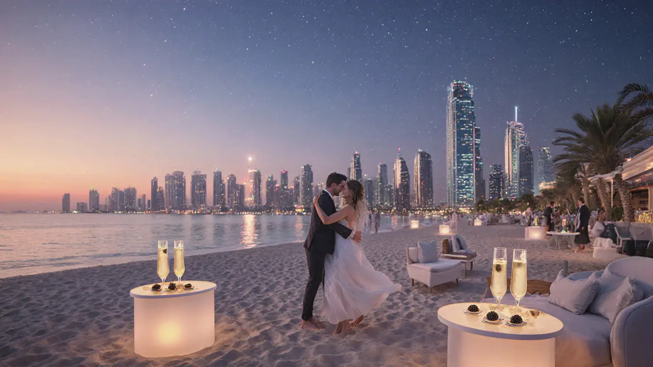 Couples dancing on a beach at night under stars, with champagne towers and the Yas Marina skyline in the background.