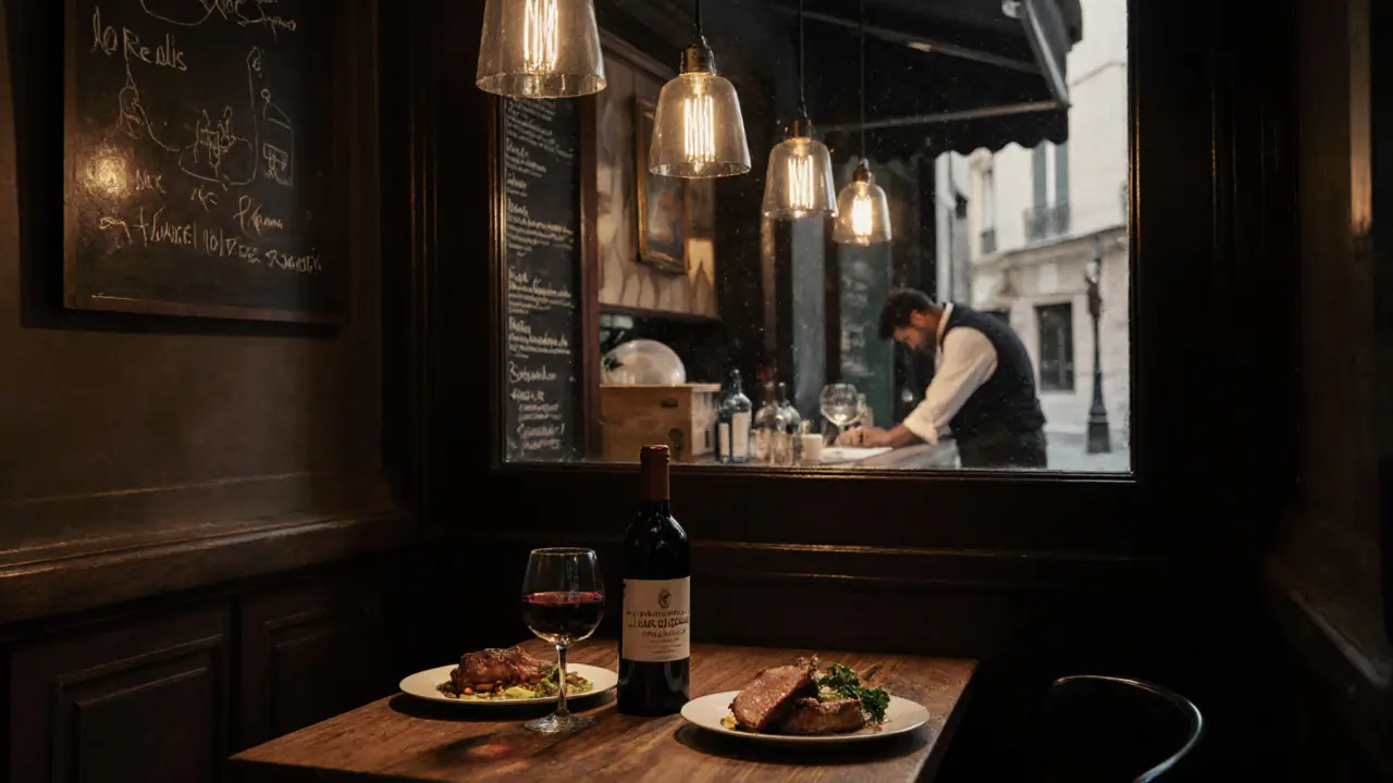 Cozy dinner at a local Parisian bistro with duck confit and wine on a wooden table.
