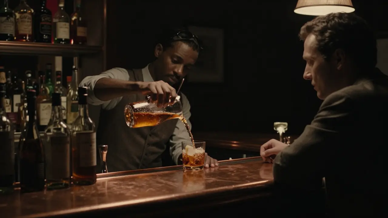 Dim interior of Bar Basso with bartender pouring a Negroni Sbagliato in quiet midnight calm.