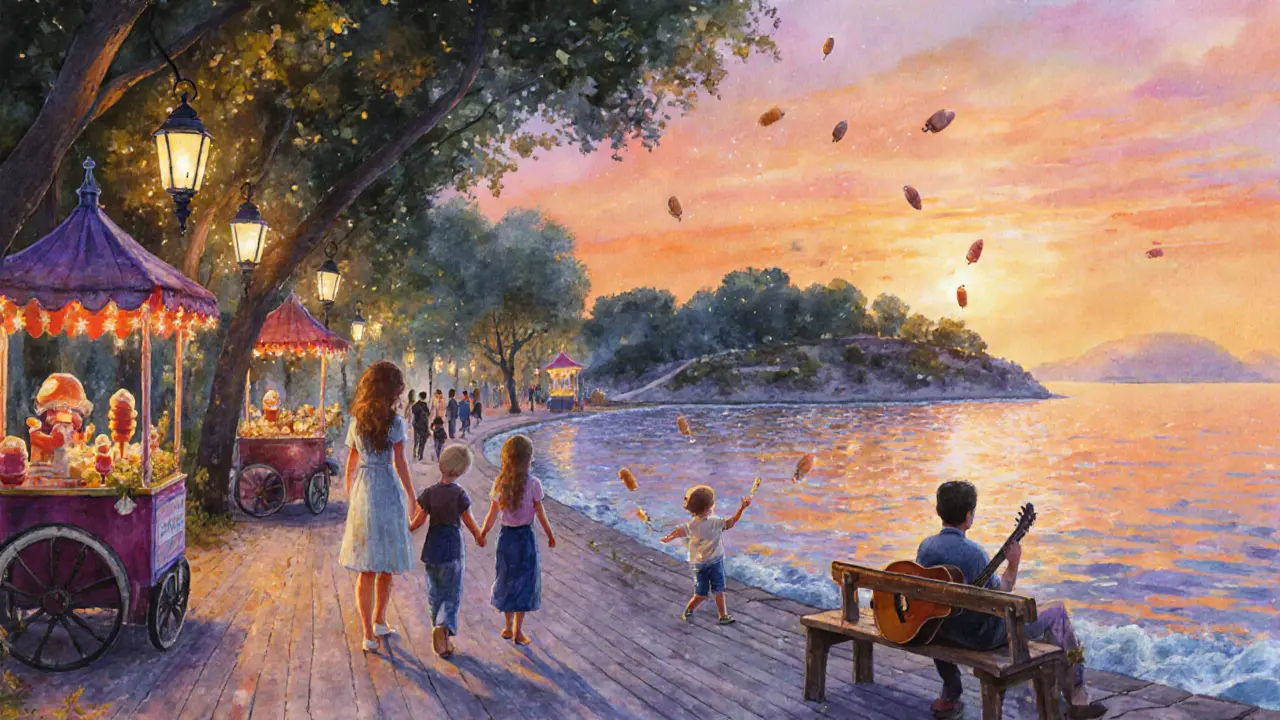 Families walking along the lantern-lit boardwalk of Büyükada Island, children chasing fireflies at dusk.