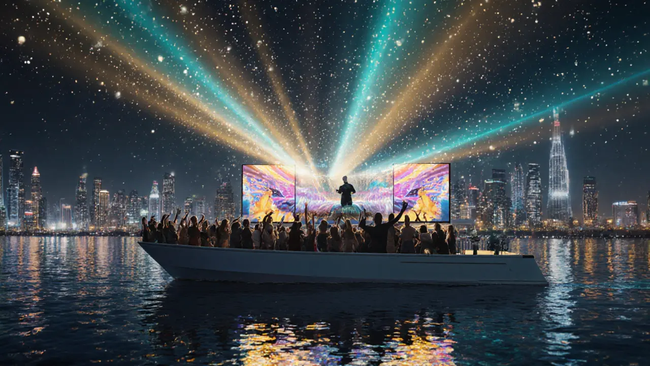 Floating nightclub Horizon on a yacht cruising Dubai Marina with city lights blurring in the background.