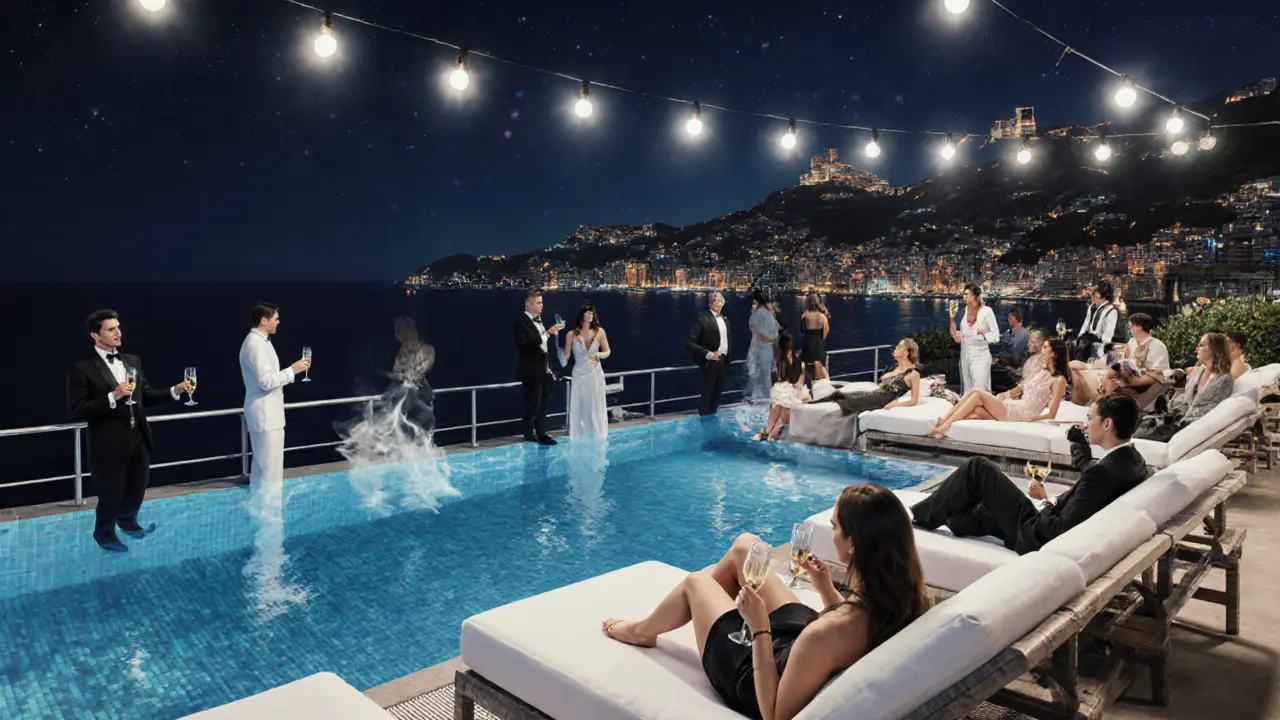 Glamorous guests lounging by an infinity pool under string lights overlooking the ocean.