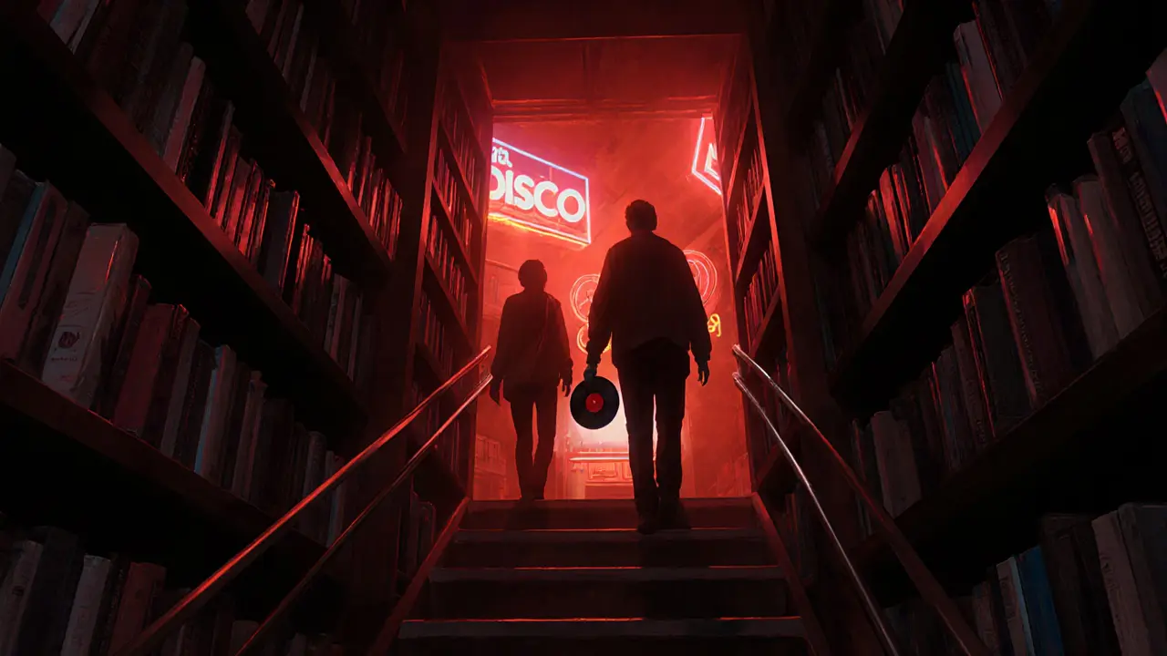 Hidden entrance to an underground club behind a bookshelf, glowing with warm red light.