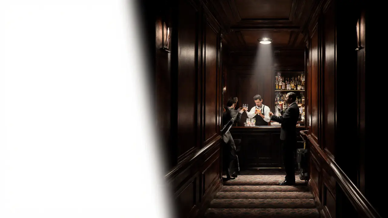 Hidden jazz lounge beneath a casino with a bartender crafting a cocktail in soft focus.