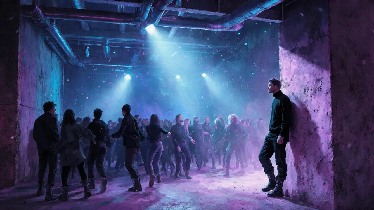 Industrial nightclub in Isola with a pulsing crowd under neon lights and exposed concrete walls.