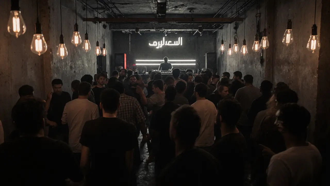 Industrial underground club with crowd dancing to techno music in dim, moody lighting